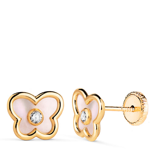 18K PENDIENTES ORO AMARILLO MARIPOSA CON NACAR Y CIRCONITA. MEDIDA: 8 X 7 MM. CIERRE TUERCA