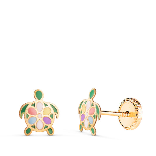 Pendientes Tortugas Esmaltadas. Medida: 7,5 x 6,5 mm. Cierre Tuerca de oro amarillo 18K