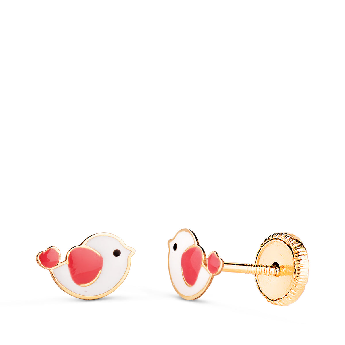 Pendientes Pajaros Esmaltados. Medida: 7,5 x 5 mm. Cierre Tuerca de oro amarillo 18K