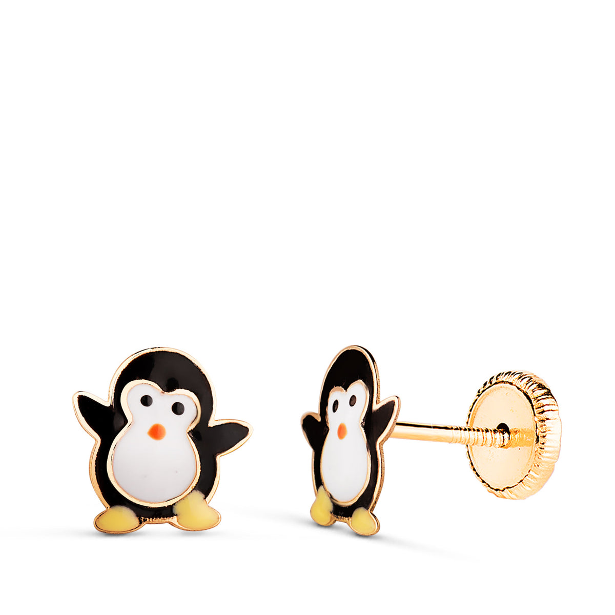 Pendientes Pinguinos Esmaltados. Medida: 8 x 7 mm. Cierre Tuerca de oro amarillo 18K
