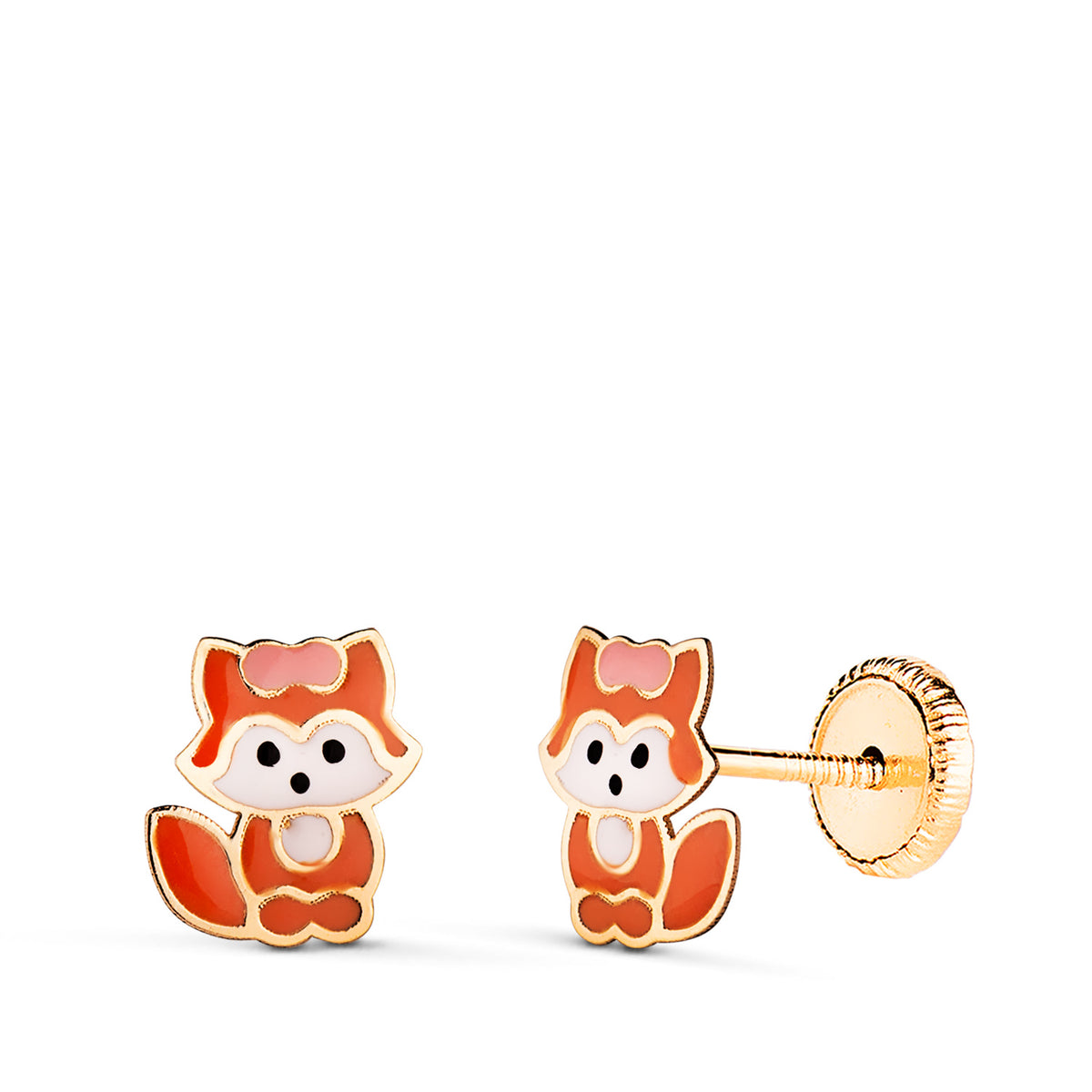 Pendientes Zorro Esmaltado. Medida: 7,5 x 7 mm. Cierre Tuerca de oro amarillo 18K