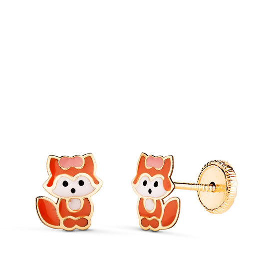 Pendientes Zorro Esmaltado. Medida: 7,5 x 7 mm. Cierre Tuerca de oro amarillo 18K