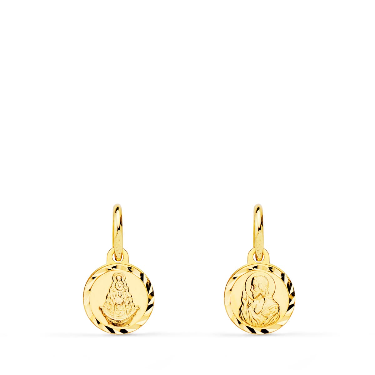 Escapulario Mini Lenteja Mini Virgen del Rocio y Corazon de Jesus Tallado 8 mm de oro amarillo 18K