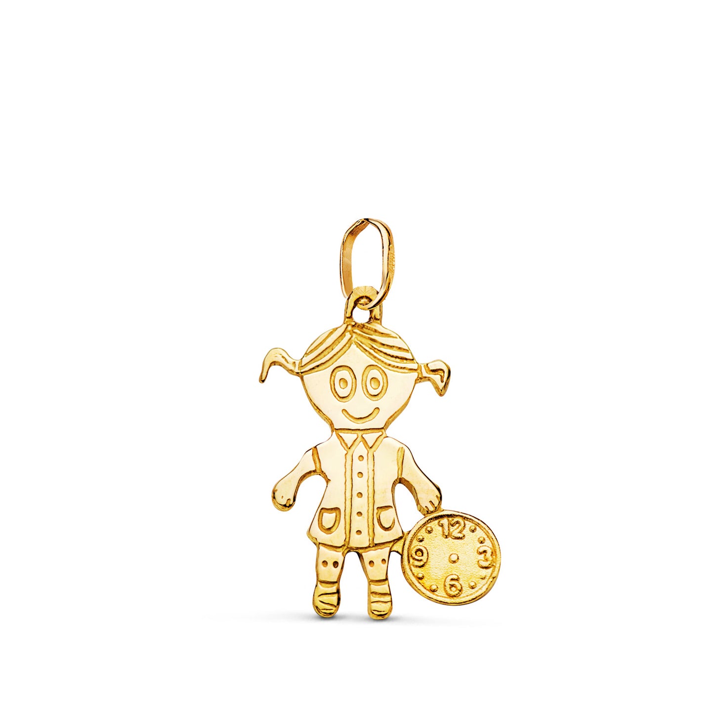 18K COLGANTE ORO AMARILLO SILUETA NIÑA CON RELOJ. MEDIDA: 18 X 12 MM