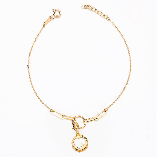 Pulsera Eslabon y Cadena Forzada Motivo Corazon. Largo: 19 cm de oro amarillo 18K
