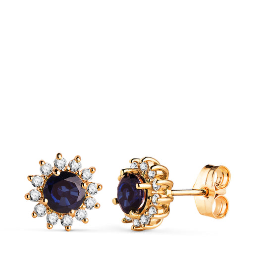 18K PENDIENTES ORO AMARILLO 24 DIAMANTES DE LABORATORIO Y ZAFIRO DIFUSION 5 MM 1,12 QT. 0,340 QTS. VS2-G. 9 MM CIERRE PRESION