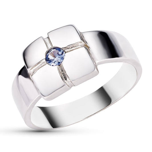 18K SORTIJA ORO BLANCO CON MOTIVO CUADRADO Y CIRCONITA AZUL. ANCHO: 9X9 MM