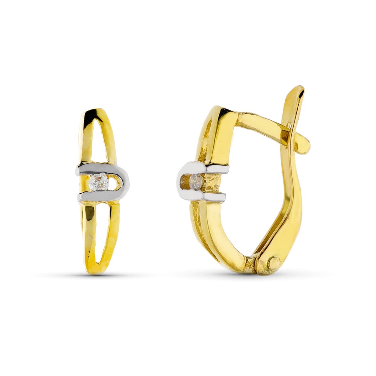 18K PENDIENTES ORO BICOLOR DIAMANTES NATURALES TALLA BRILLANTE 10X3 MM CIERRE CATALAN