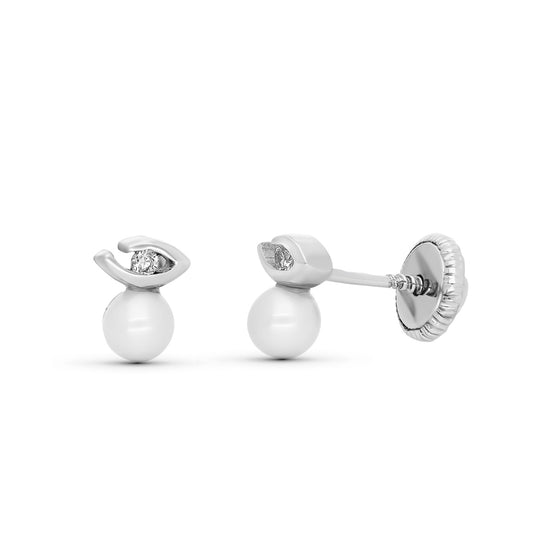 18K PENDIENTES ORO BLANCO DIAMANTES NATURALES TALLA BRILLANTE Y PERLA 5X4 MM CIERRE TUERCA