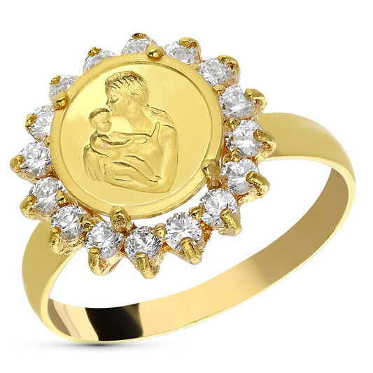18K SORTIJA ORO AMARILLO MONEDA MADRE CON CIRCONITAS. ANCHO: 15 MM