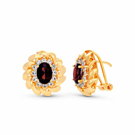 Pendientes Piedra Granate y Circonitas 15 x 14 mm de oro amarillo 18K