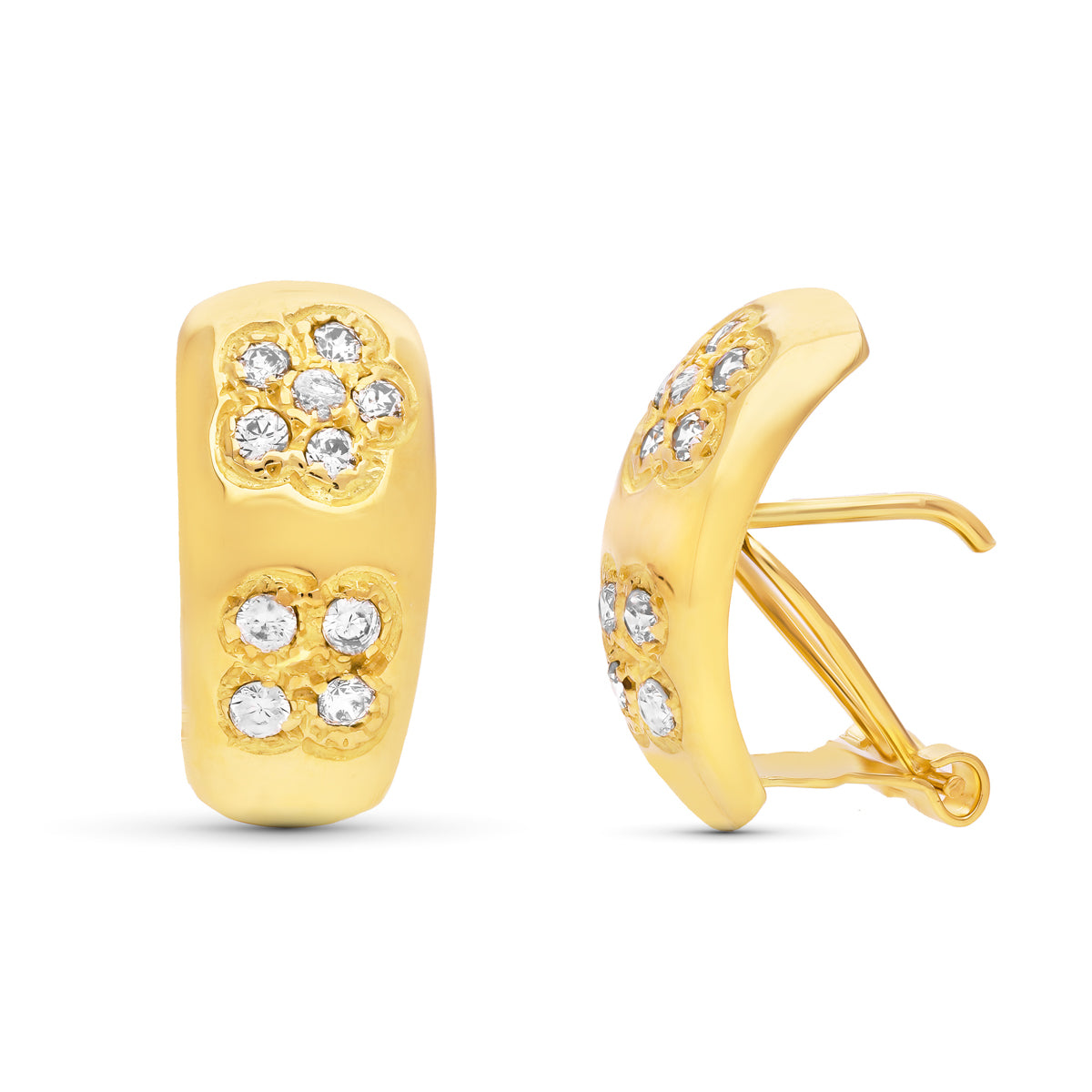 18K PENDIENTES ORO AMARILLO FLORES CIRCONITA 17X8 MM CIERRE OMEGA