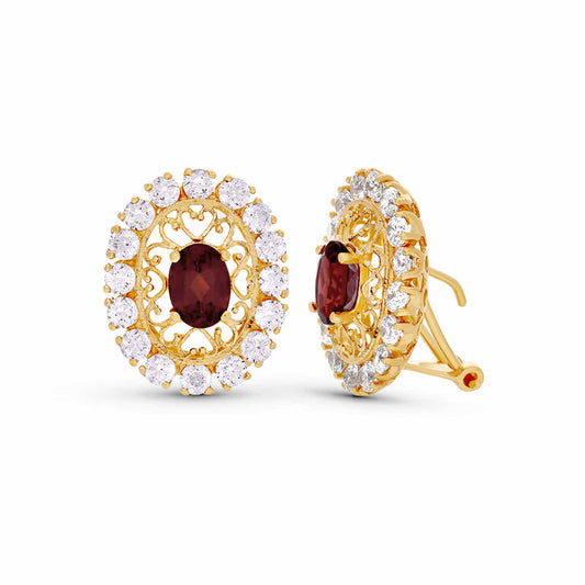 Pendientes Piedra Granate y Circonitas 19 x 16 mm de oro amarillo 18K