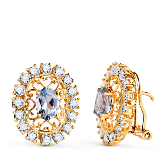 Pendientes Piedra Aguamarina 7 x 5 mm con Circonitas. Medida: 19 x 16 mm. de oro amarillo 18K