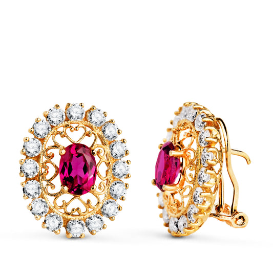 Pendientes Piedra Rosa 7 x 5 mm con Circonitas. Medida: 19 x 16 mm. de oro amarillo 18K