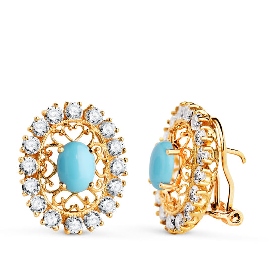 Pendientes Piedra Turquesa 7 x 5 mm con Circonitas. Medida: 19 x 16 mm. de oro amarillo 18K