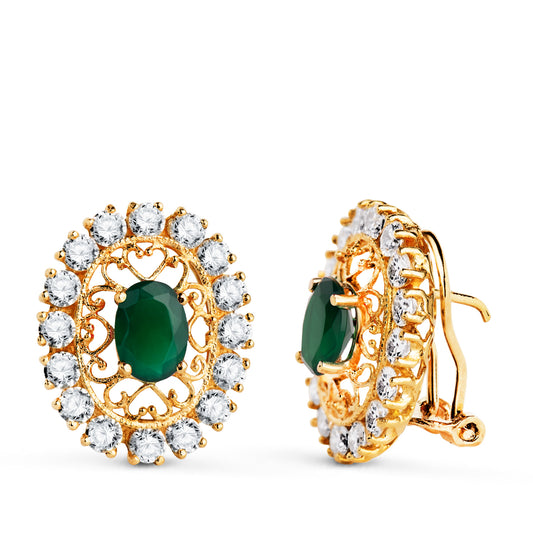 Pendientes Piedra Verde 7 x 5 mm con Circonitas. Medida: 19 x 16 mm. de oro amarillo 18K