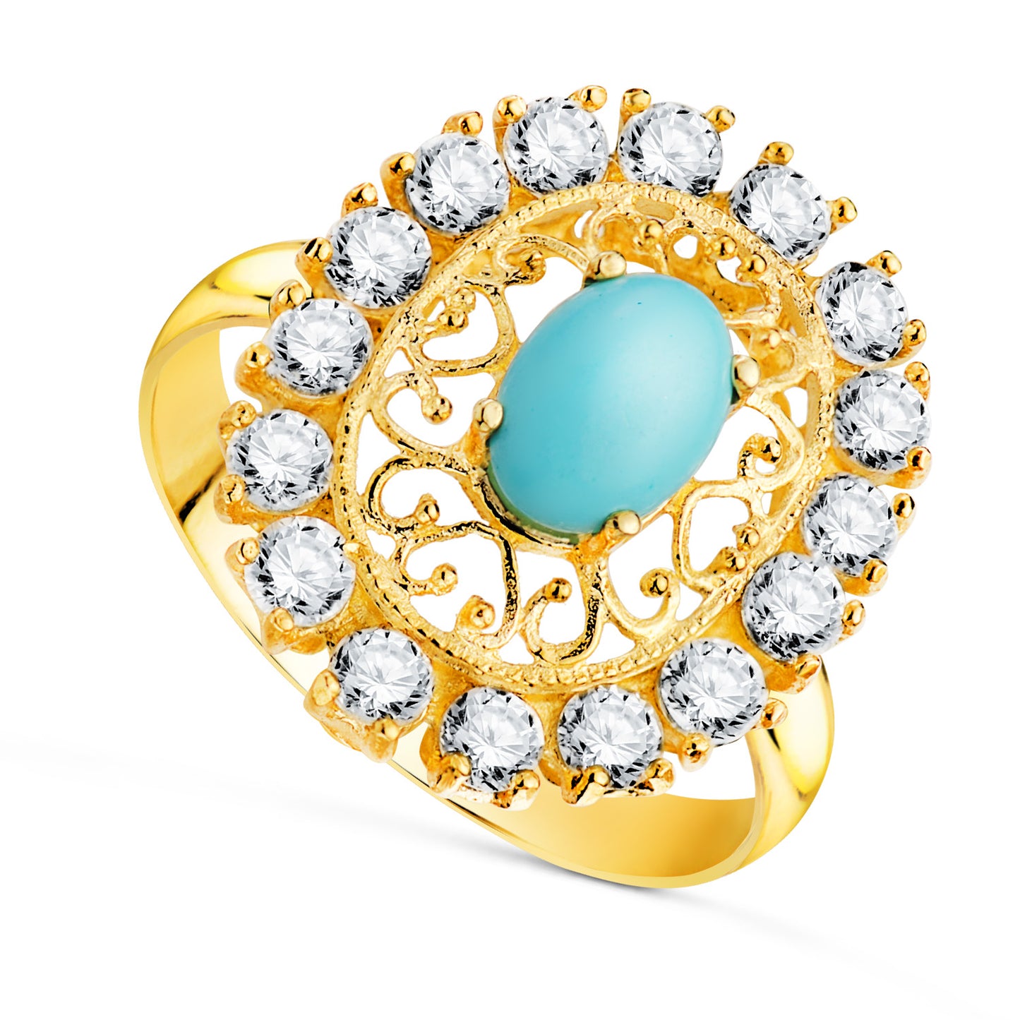 18K SORTIJA ORO AMARILLO CALADA CON PIEDRA TURQUESA 7X5 MM CON CIRCONITAS. MEDIDA: 19X16 MM.