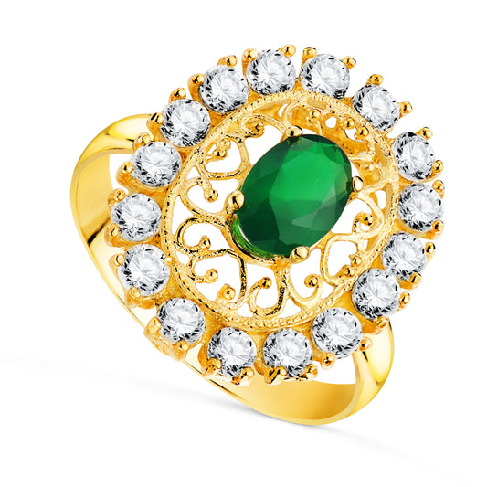 18K SORTIJA ORO AMARILLO CALADA CON PIEDRA VERDE 7X5 MM CON CIRCONITAS. MEDIDA: 19X16 MM.