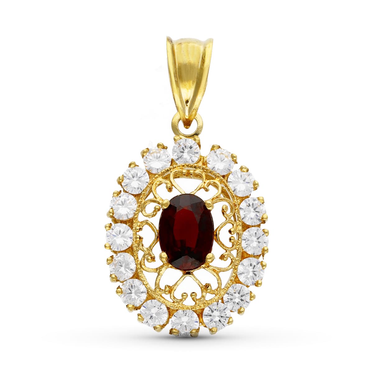 18K COLGANTE ORO AMARILLO FILIGRANA OVAL GRANATE Y CIRCONITAS