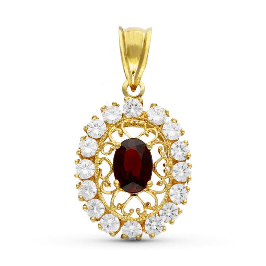 18K COLGANTE ORO AMARILLO FILIGRANA OVAL GRANATE Y CIRCONITAS
