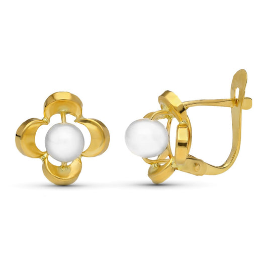 Pendientes Flor y Perla 10 x 10 mm de oro amarillo 18K