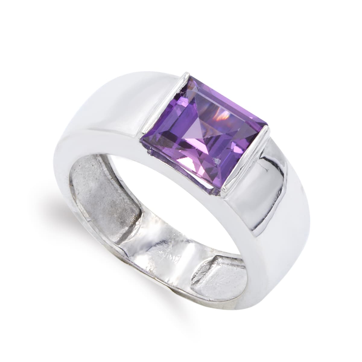 Sortija con Amatista Cuadrada. Ancho: 8 mm de oro blanco 18K