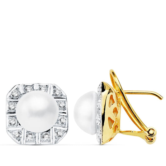 Pendientes Bicolor Perla Japonesas 8 mm 18K