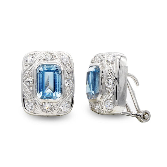 Pendientes Agua Marina y Circonitas 12 x 10 mm de oro blanco 18K
