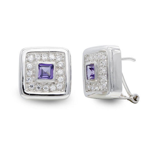 18K PENDIENTES ORO BLANCO AMATISTA Y CIRCONITA CIERRE OMEGA