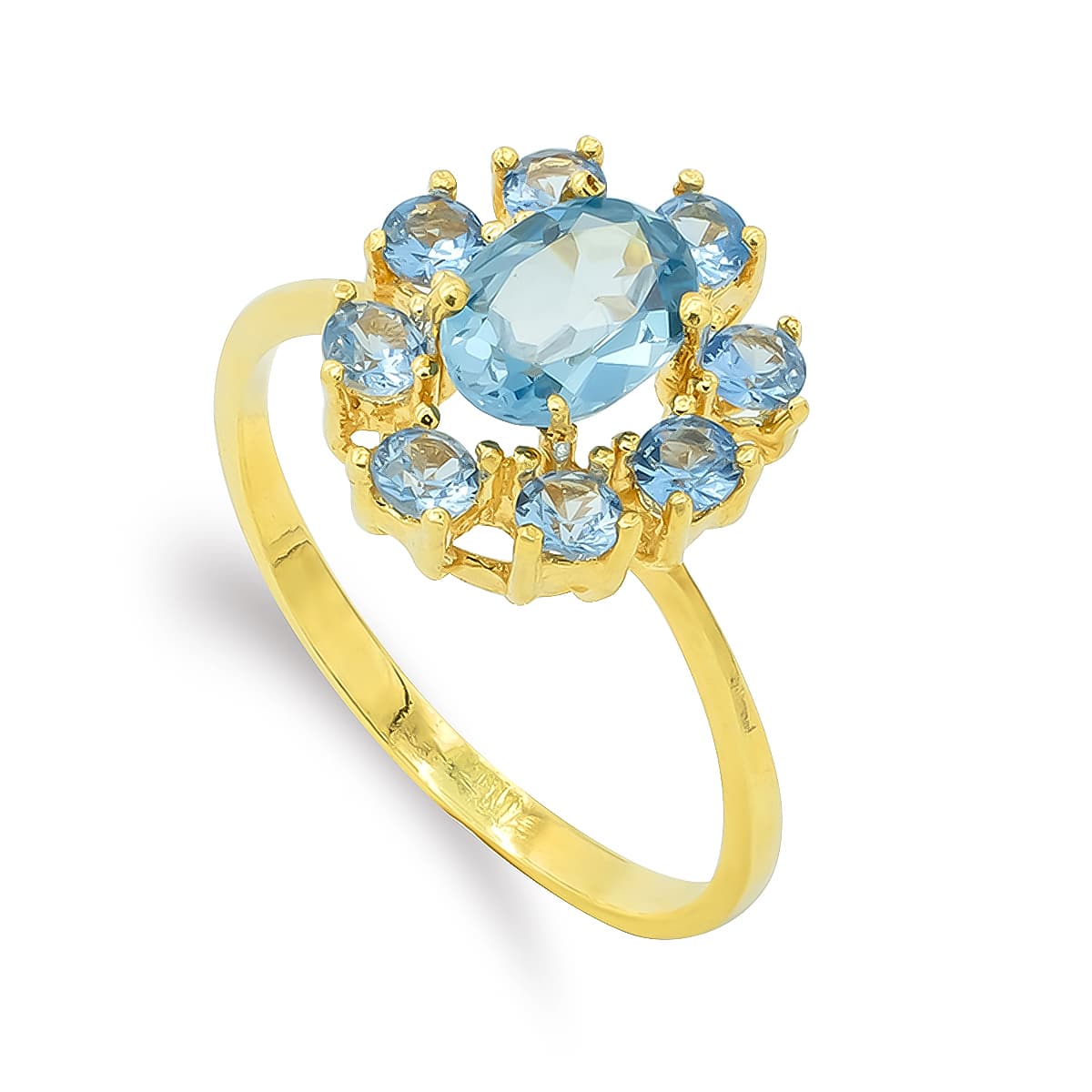 Sortija Cuajo Circonita Color Aguamarina. Medida: 12 x 10 mm de oro amarillo 18K
