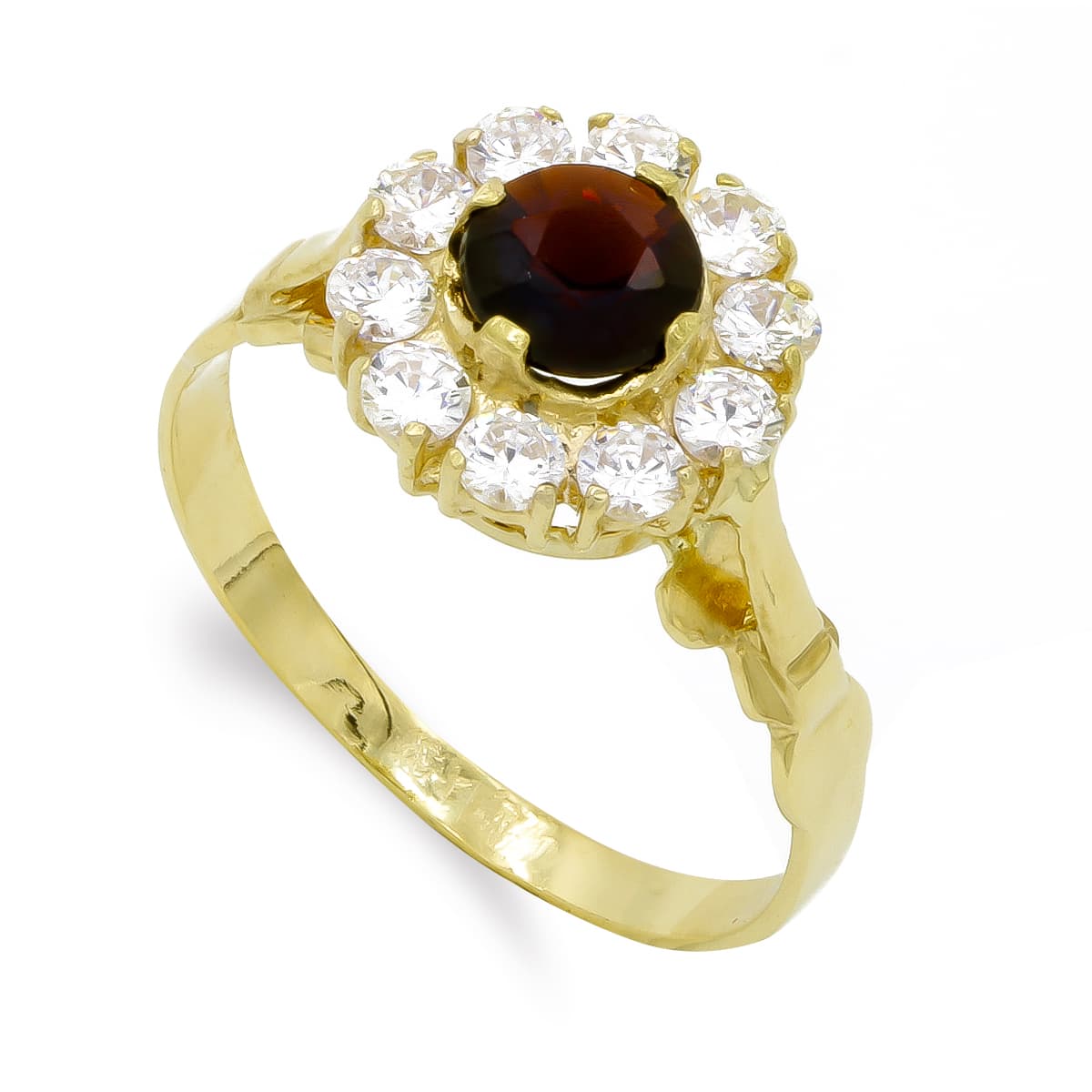 18K SORTIJA ORO AMARILLO CUAJO GRANATE Y CIRCONITAS. ANCHO: 11MM