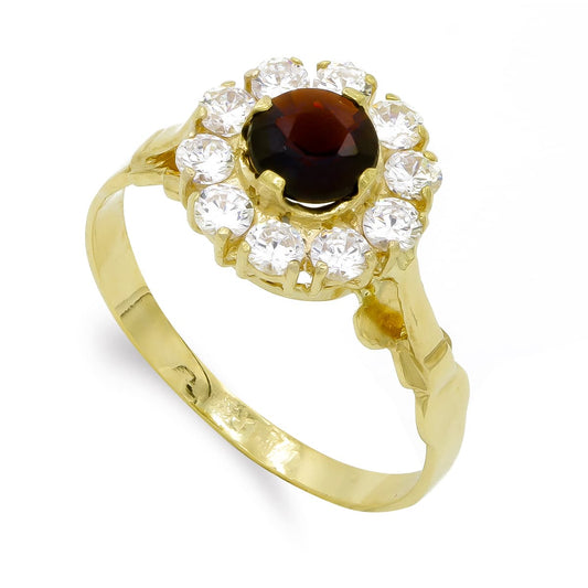 18K SORTIJA ORO AMARILLO CUAJO GRANATE Y CIRCONITAS. ANCHO: 11MM