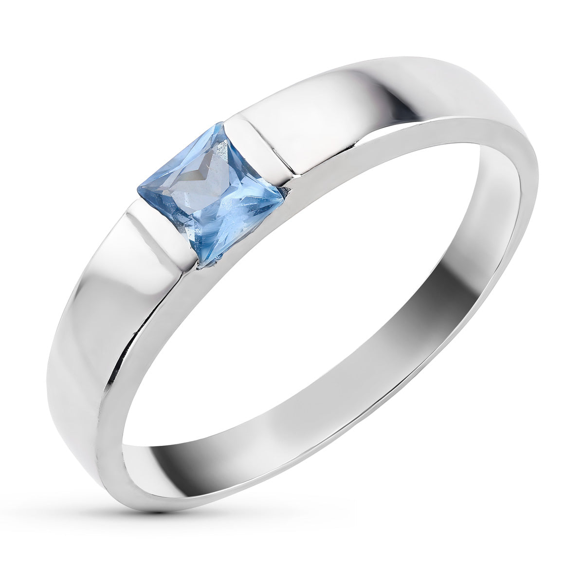 Sortija Circonita Aguamarina Cuadrada. Ancho: 4 mm de oro blanco 18K