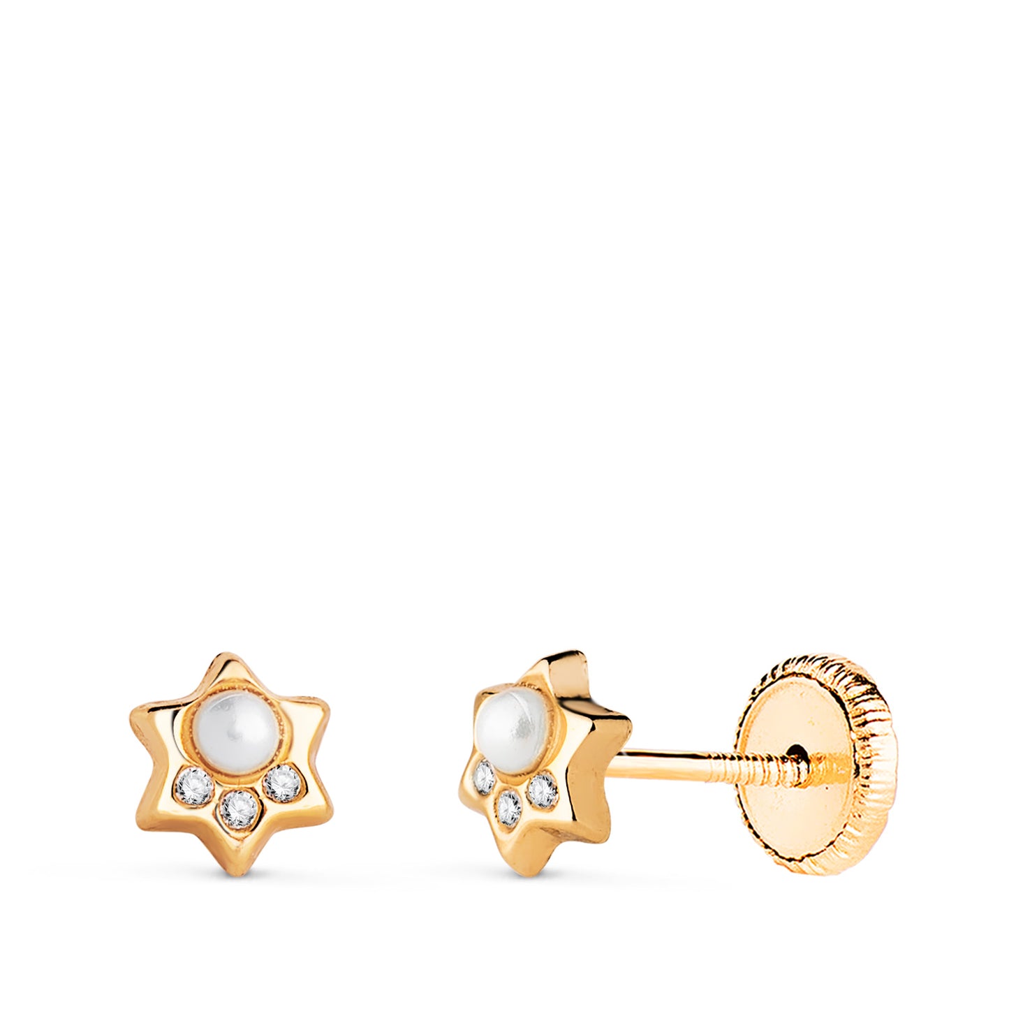 Pendientes Estrella con Perla y Circonitas. Medida: 6 x 5 mm. Cierre Tuerca de oro amarillo 18K