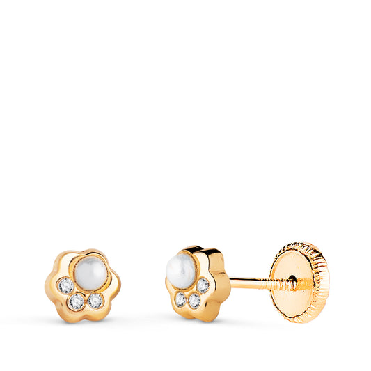 Pendientes Flor con Perla y Circonitas. Medida: 5 x 4,5 mm. Cierre Tuerca de oro amarillo 18K
