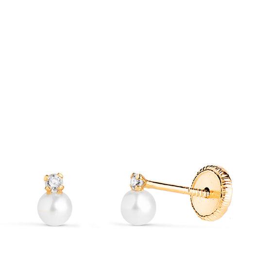 18K PENDIENTES ORO AMARILLO TU Y YO PERLA Y CIRCONITA EN GARRAS. MEDIDA: 5 X 3 MM. CIERRE TUERCA