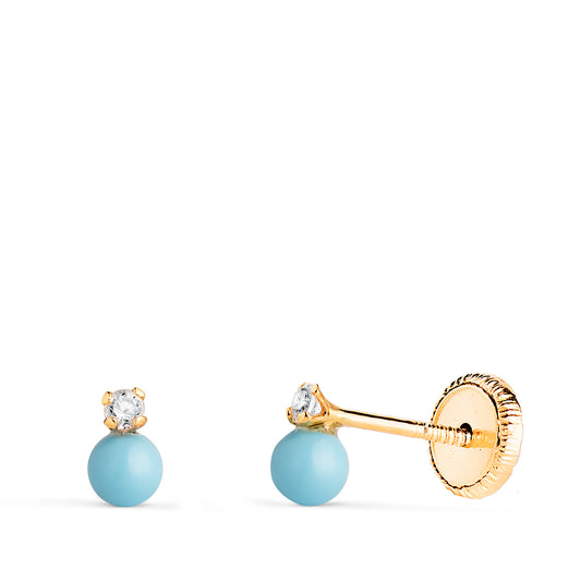 18K PENDIENTES ORO AMARILLO TU Y YO TURQUESA Y CIRCONITA EN GARRAS. MEDIDA: 5 X 3 MM. CIERRE TUERCA