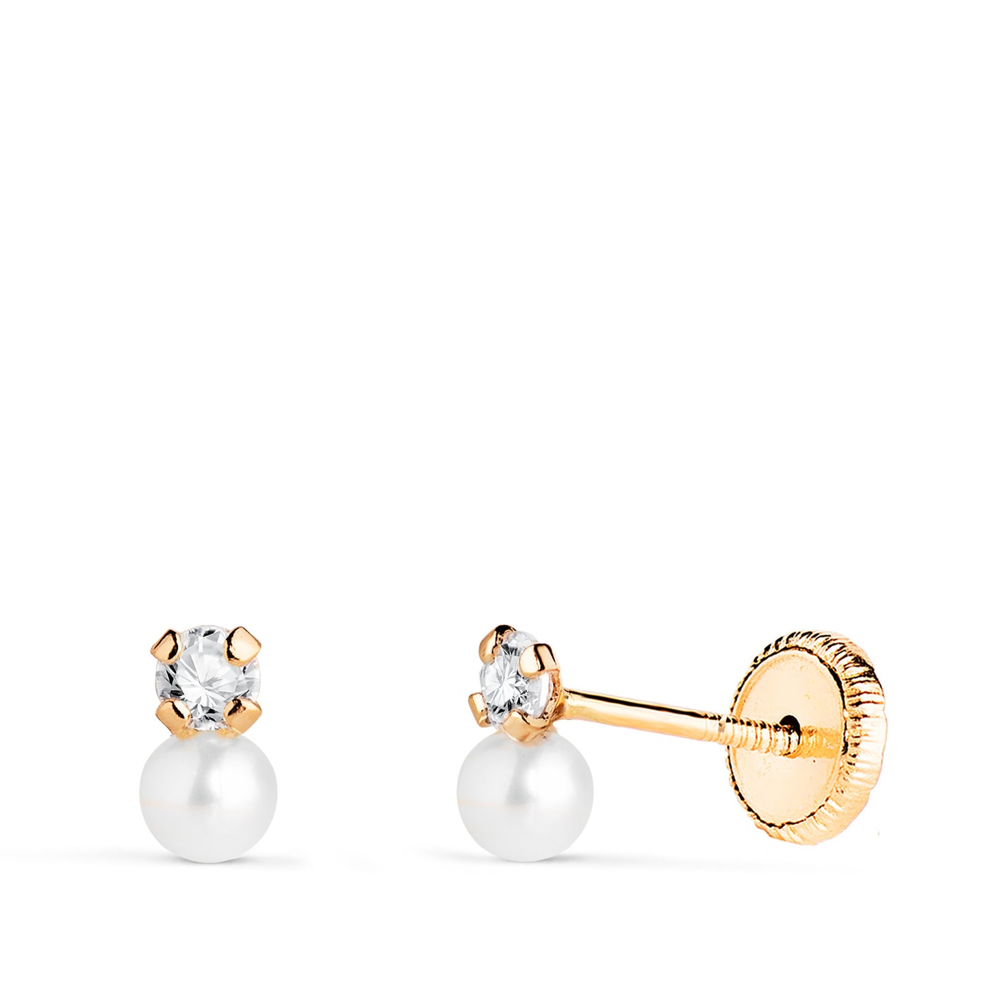 18K PENDIENTES ORO AMARILLO TU Y YO PERLA Y CIRCONITA EN 4 GARRAS. MEDIDA: 6 X 3,5 MM. CIERRE TUERCA