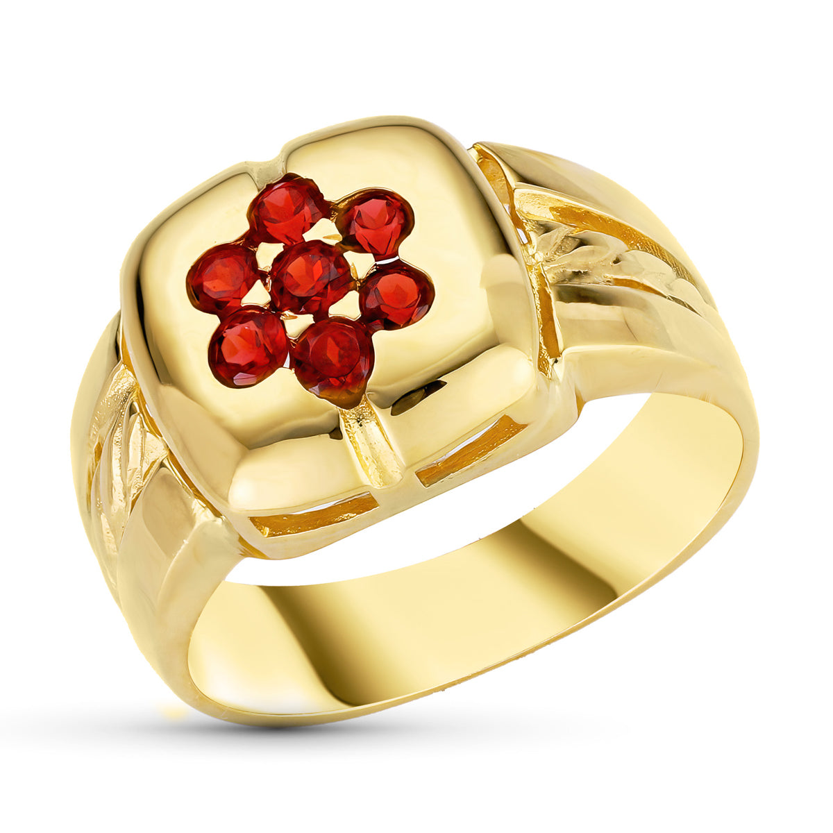 Sortija Motivo Cuadrado con Circonitas Granates. Ancho: 12 mm de oro amarillo 18K