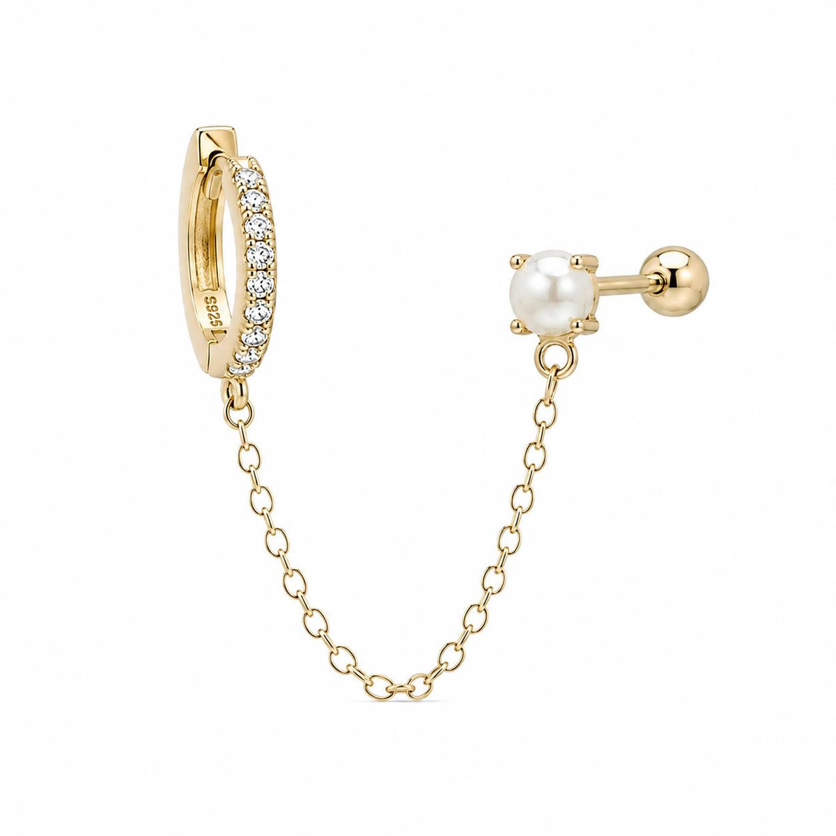 Pendiente cadena perla de plata de ley con baño de oro de 14 quilates - Joyería Zafir