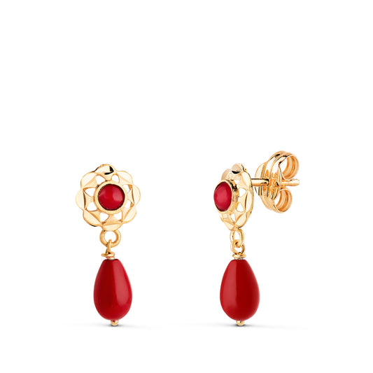 Pendientes Cubanas con Coral Redondo y Lagrima. 15 x 6 mm de oro amarillo 18K