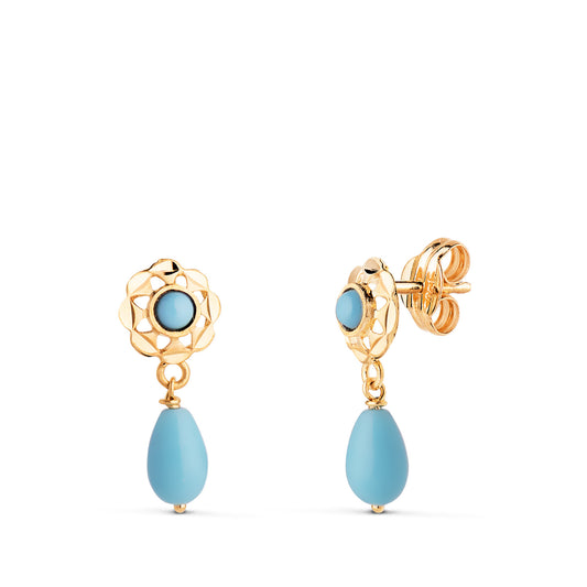 Pendientes Cubanas con Turquesa Redonda y Lagrima. 15 x 6 mm de oro amarillo 18K