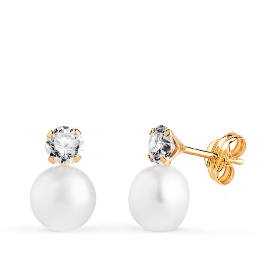 Pendientes Tu y Yo Perla con Circonita 4 Garras. Medida: 11,5 x 7 mm. de oro amarillo 18K