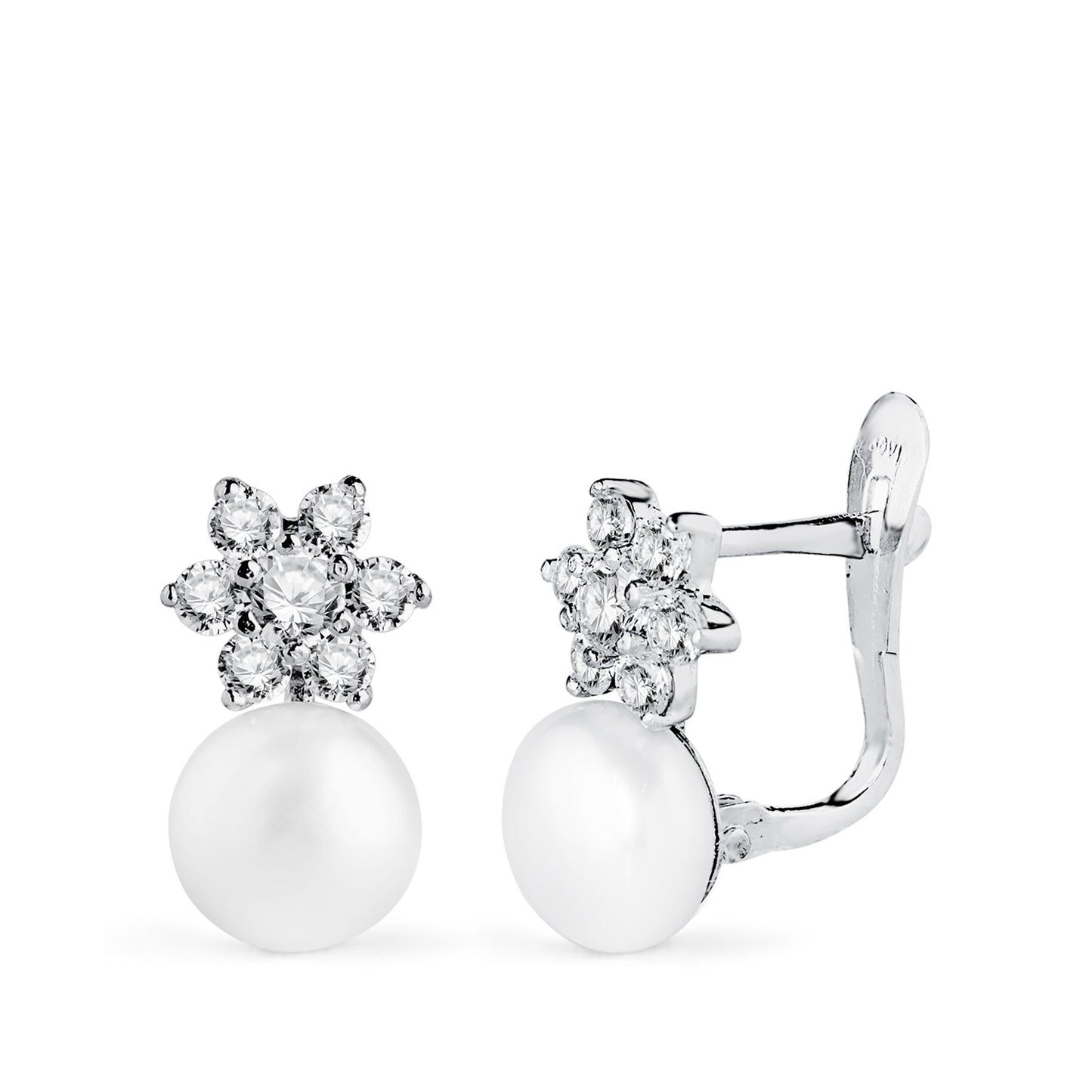 Pendientes Perlas y Cuajo con Circonitas. Medida: 12 x 7 mm. de oro blanco 18K