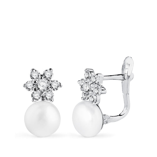Pendientes Perlas y Cuajo con Circonitas. Medida: 12 x 7 mm. de oro blanco 18K