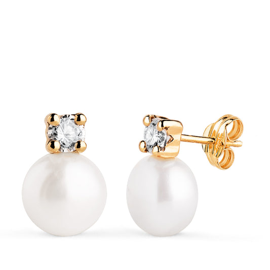 Pendientes Tu y Yo Perla con Circonita. Medida: 13 x 9 mm. de oro amarillo 18K