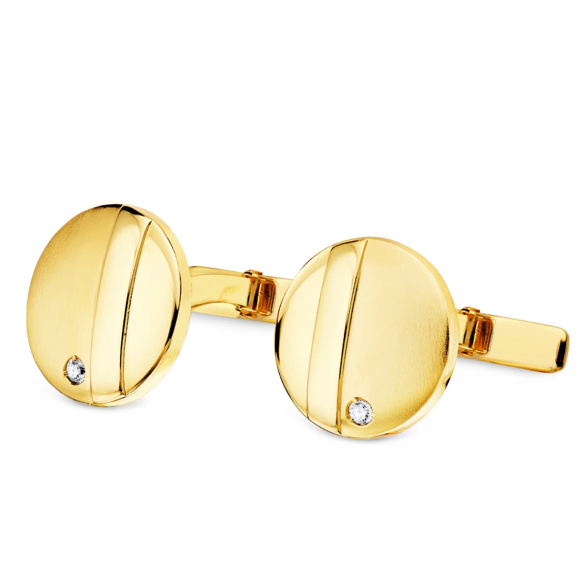 18K GEMELOS ORO AMARILLO REDONDOS MATE BRILLO 15MM CIRCONITA CIERRE RIGIDO OSCILANTE
