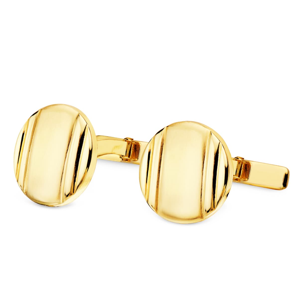 18K GEMELOS ORO AMARILLO REDONDOS MATE y BRILLO 15 MM CIERRE RIGIDO OSCILANTE