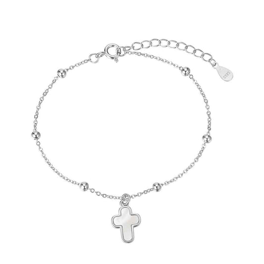 Pulsera de plata rodiada cruz de nácar